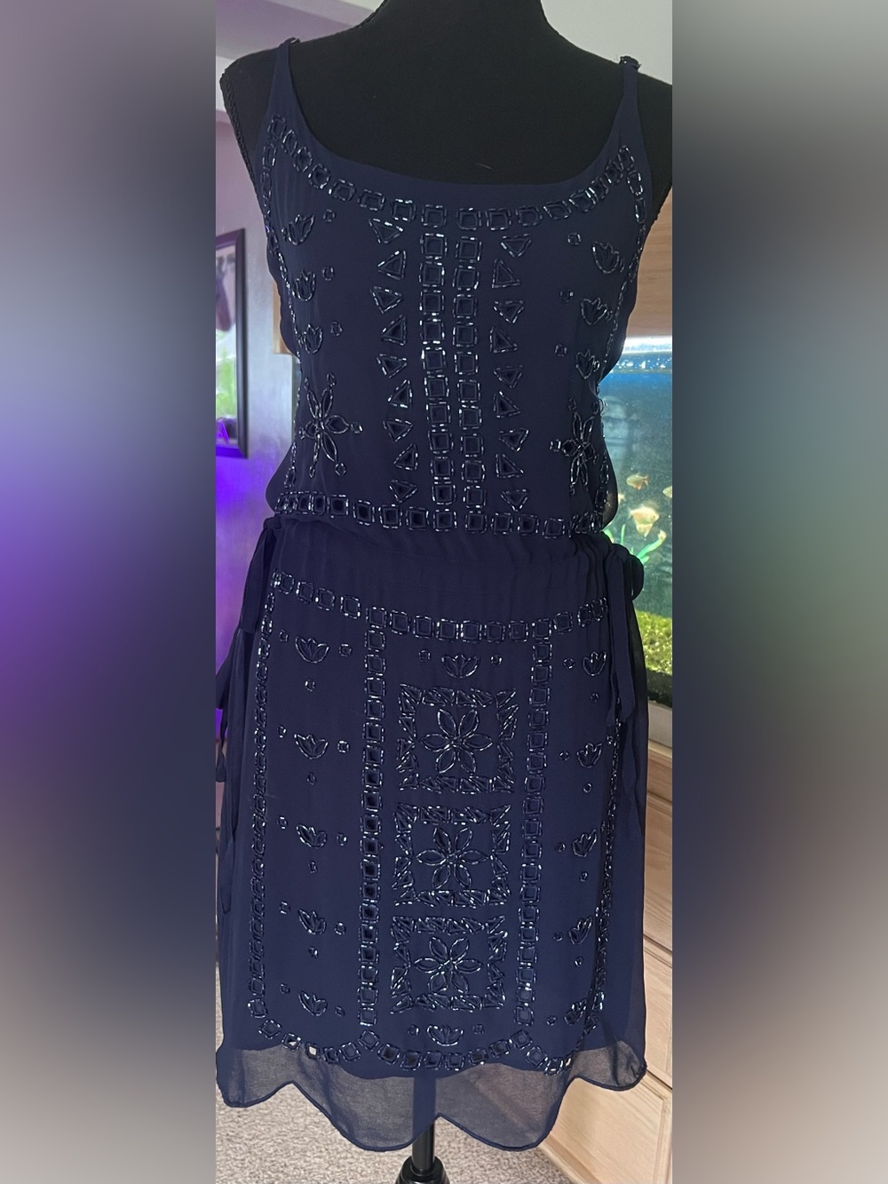 Greylin Navy Beaded Sleeveless Mini Dress with side ties